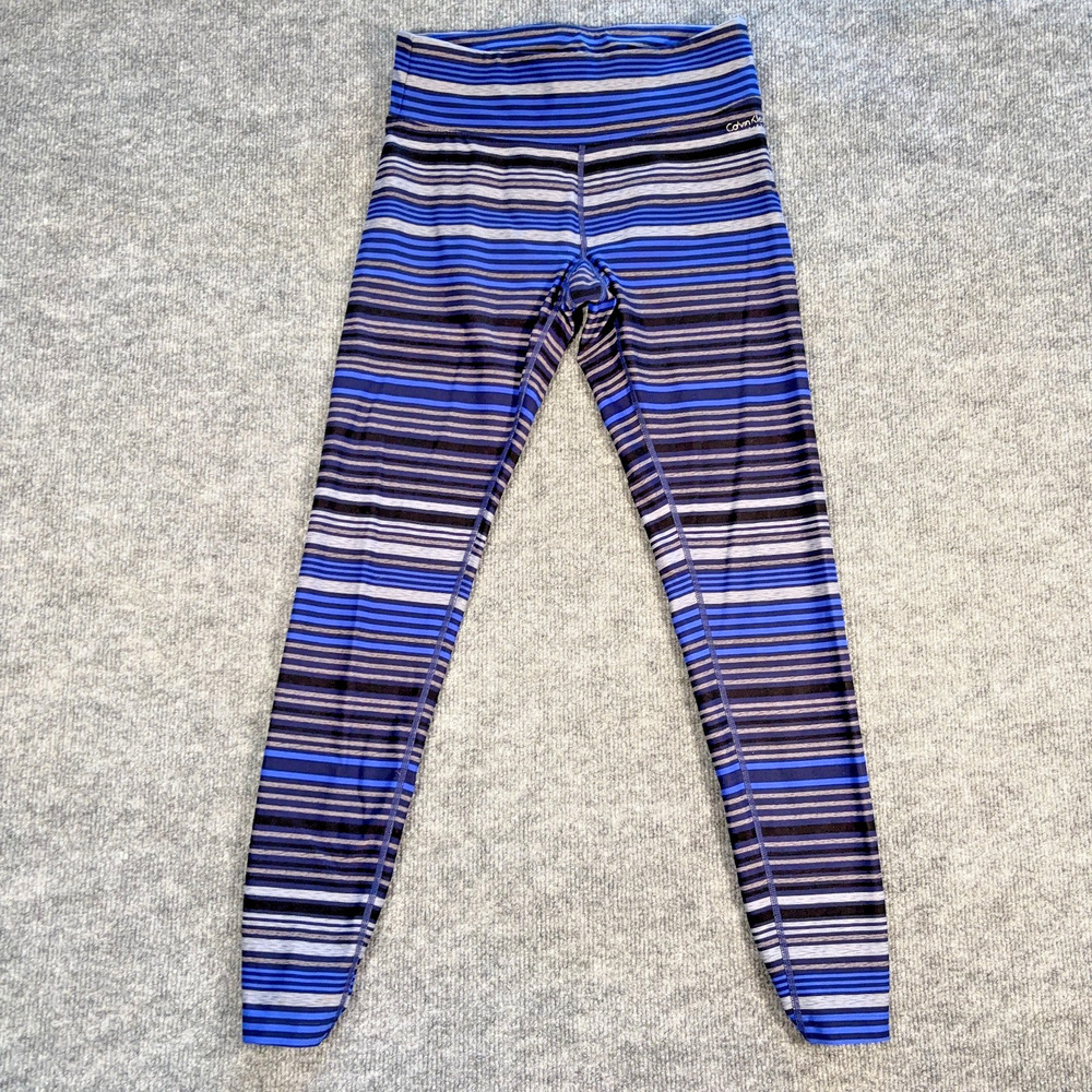 Calvin Klein Performance Leggings Ruched Waist Ankle Stripe Blue Women